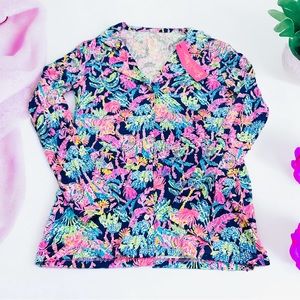Lilly Pulitzer Oyster Bay Navy PJ knit long sleeve button up top women’s size XS